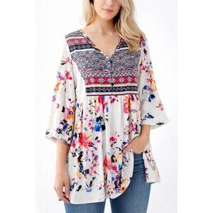 Boho Floral Peasant Top Blouse Women L White Multicolor Flowy 3/4 Sleeve
